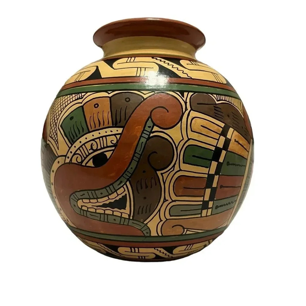 South American Handpainted Pottery Tilted Vase Planter Round Bottom